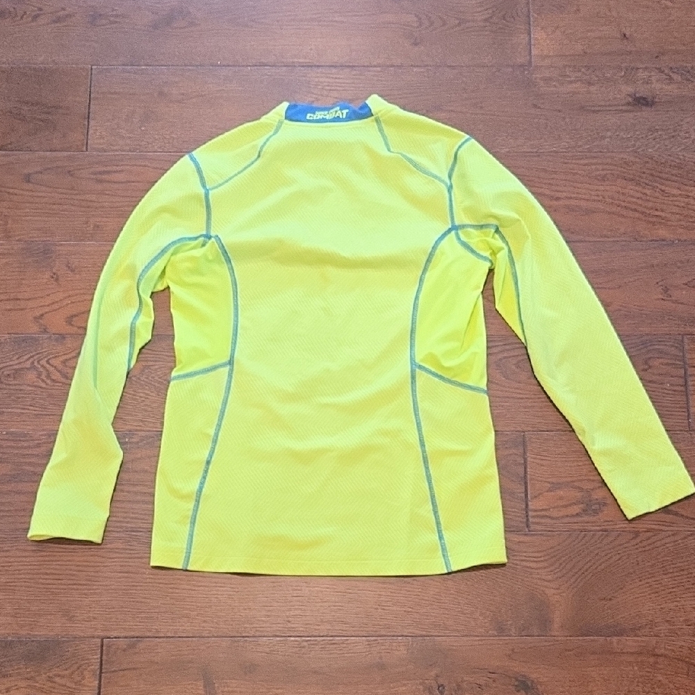 Nike Pro Combat Hyperwarm Lite Fitted Neon Yellow Top with Blue Detail Zip Neck - Picture 4 of 6